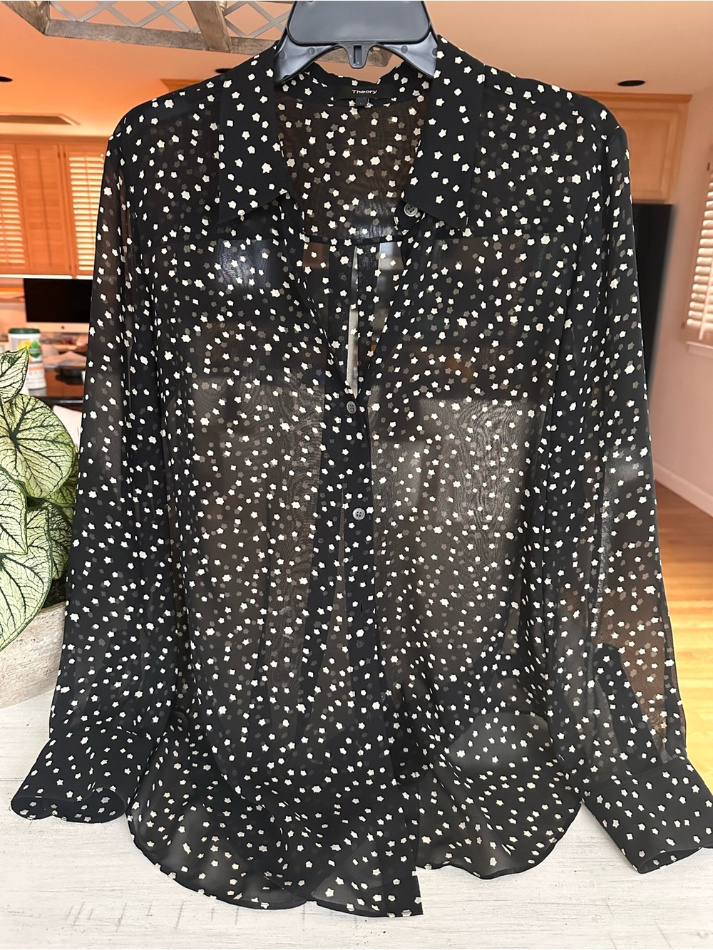 Theory Black Sheer Polka Dot Button-Down Shirt